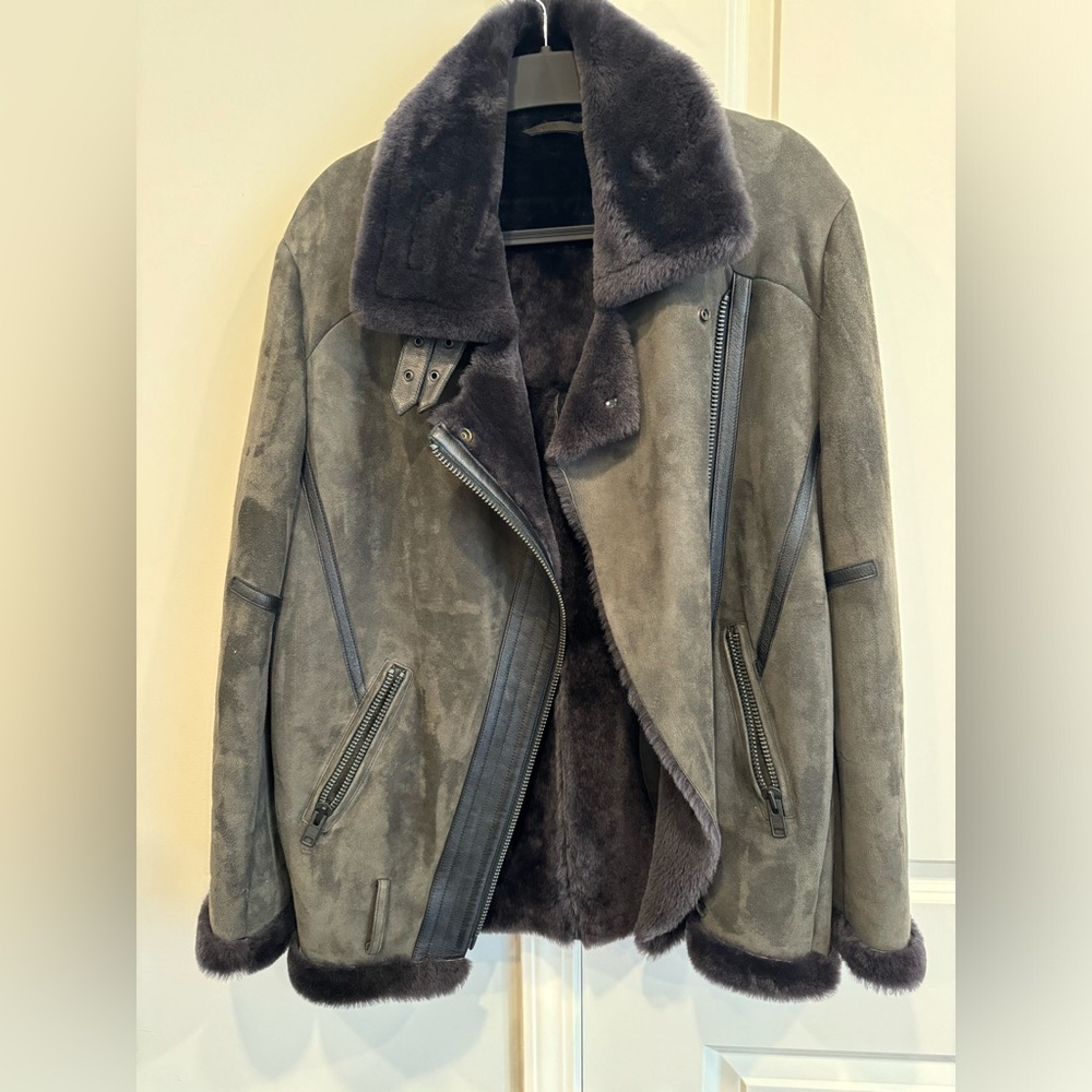 POLOGEORGIS Shearling Moto Jacket in Charcoal - size S